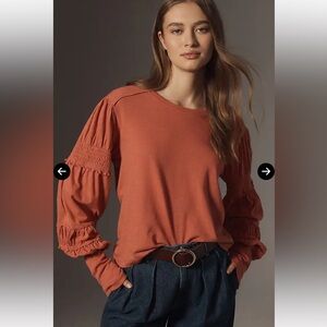 Anthropologie long sleeve crewneck with puff sleeves, ruching and smocked detail